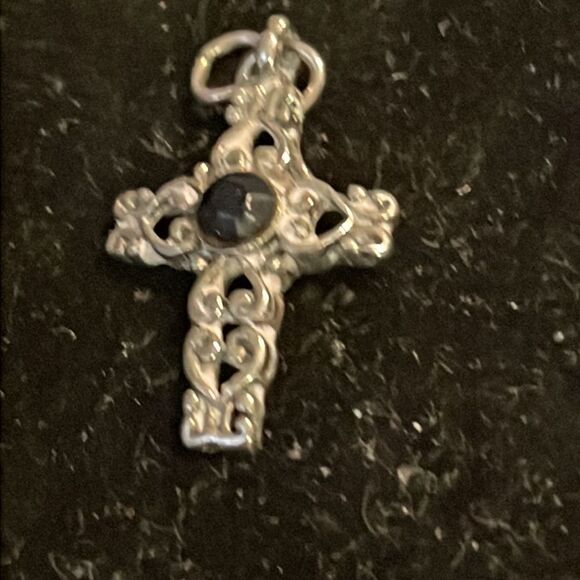 1” silver tone cross w/black onyx colored bead charm/pendant w/jump hoop - Picture 4 of 9
